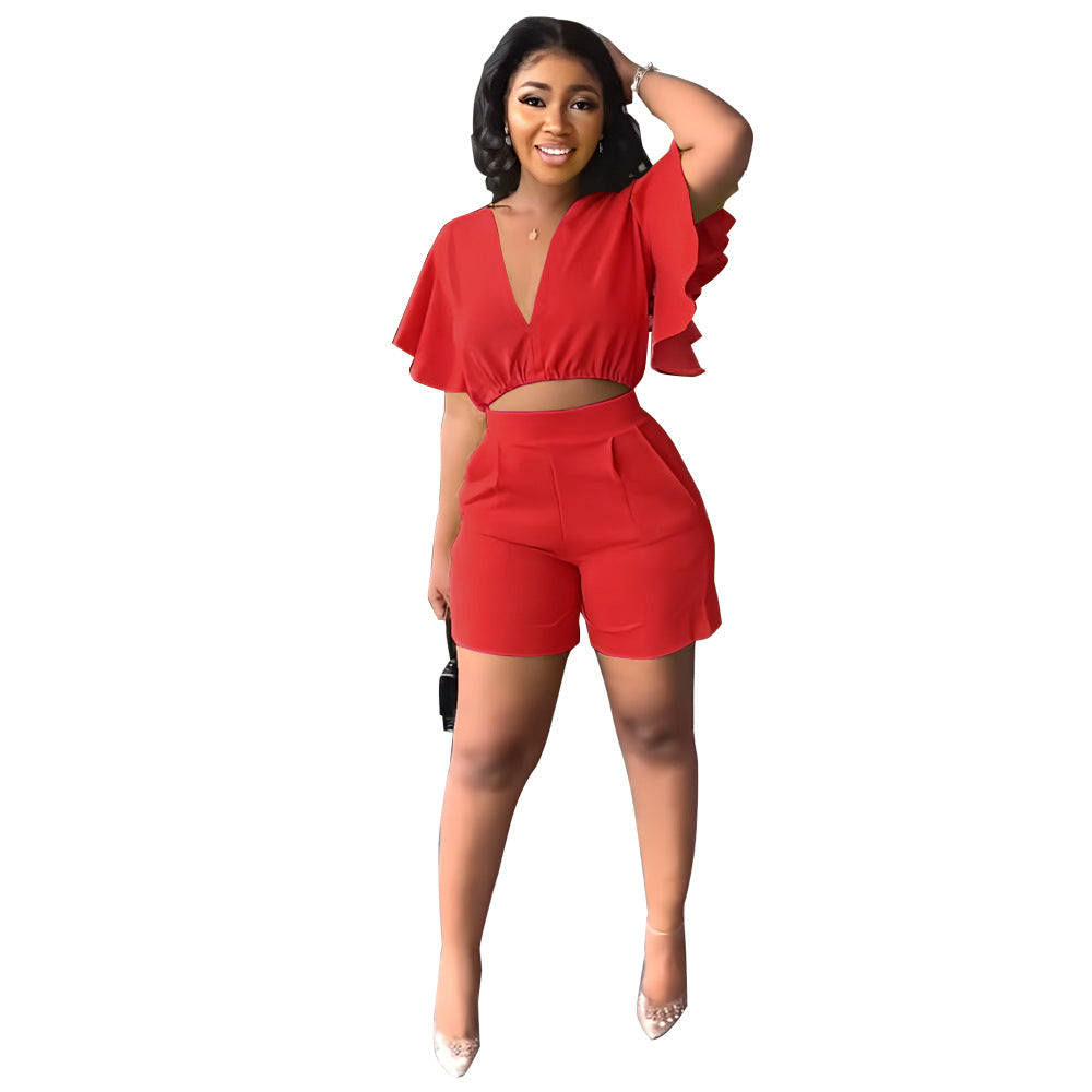 Ruffled Short V Neck Top Shorts Summer Two Piece Set