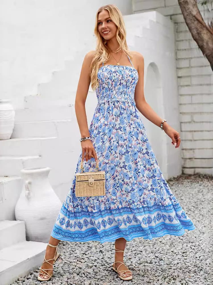 Print Smocked Chest Halter Neck Maxi Dress