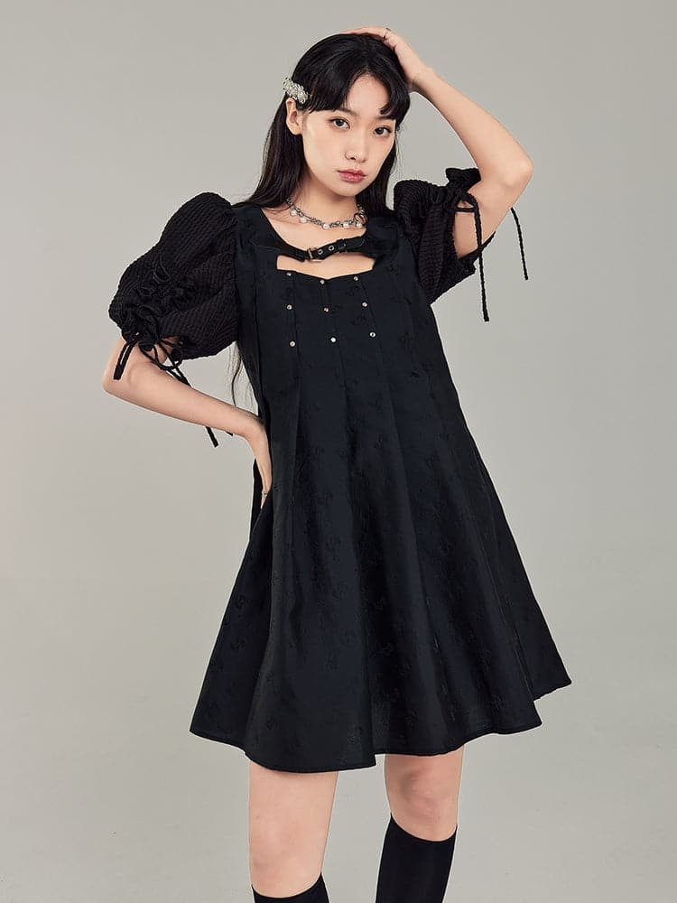 Black Leather Rivet Buckle Dress