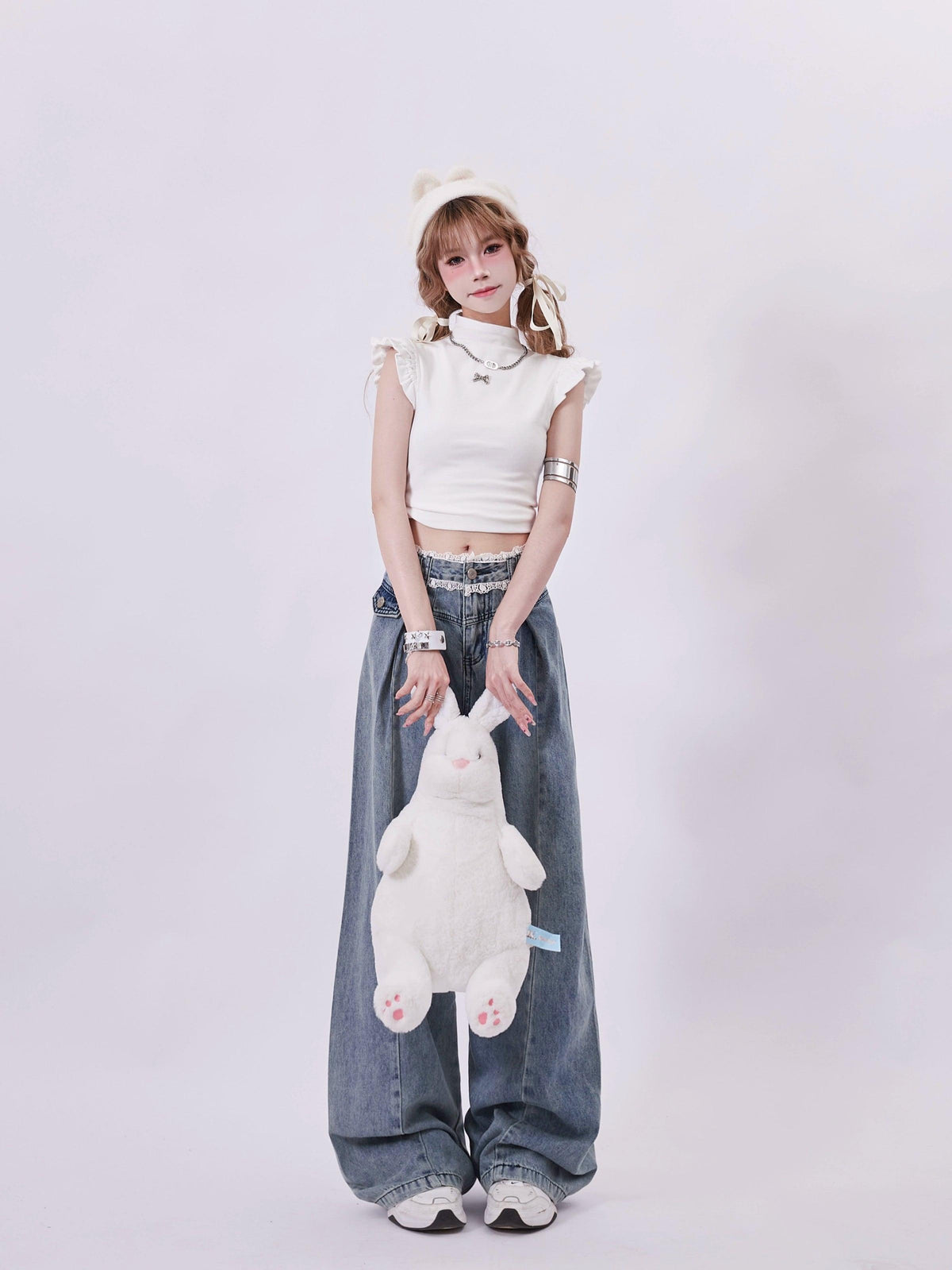 Rayohopp High-waisted Wide Leg Denim Jeans - Wash Pleated Palazzo Pants With Relaxed Fit