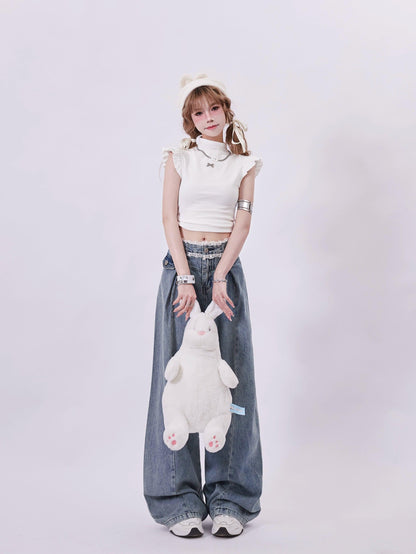 Rayohopp High-waisted Wide Leg Denim Jeans - Wash Pleated Palazzo Pants With Relaxed Fit