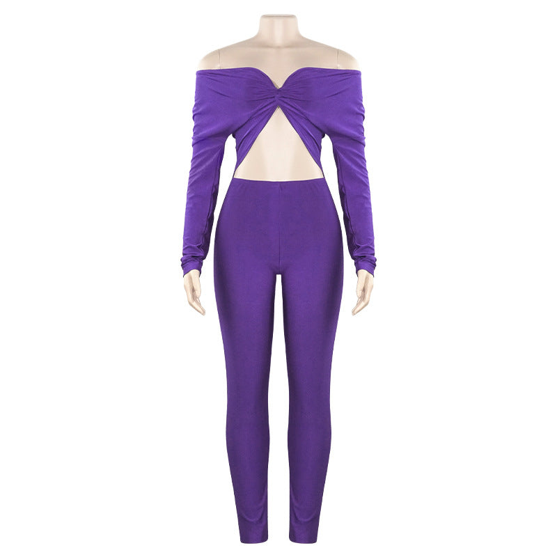 Autumn Color V Neck Twist Hollow Out Cutout Cropped High Waist Long Sleeve Jumpsuit