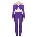 Autumn Color V Neck Twist Hollow Out Cutout Cropped High Waist Long Sleeve Jumpsuit