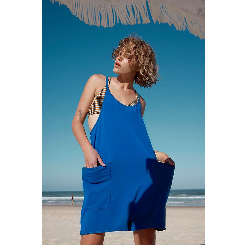 Clothing Summer Pocket Spaghetti Straps Knitted Shorts Jumpsuit Suspender Pants