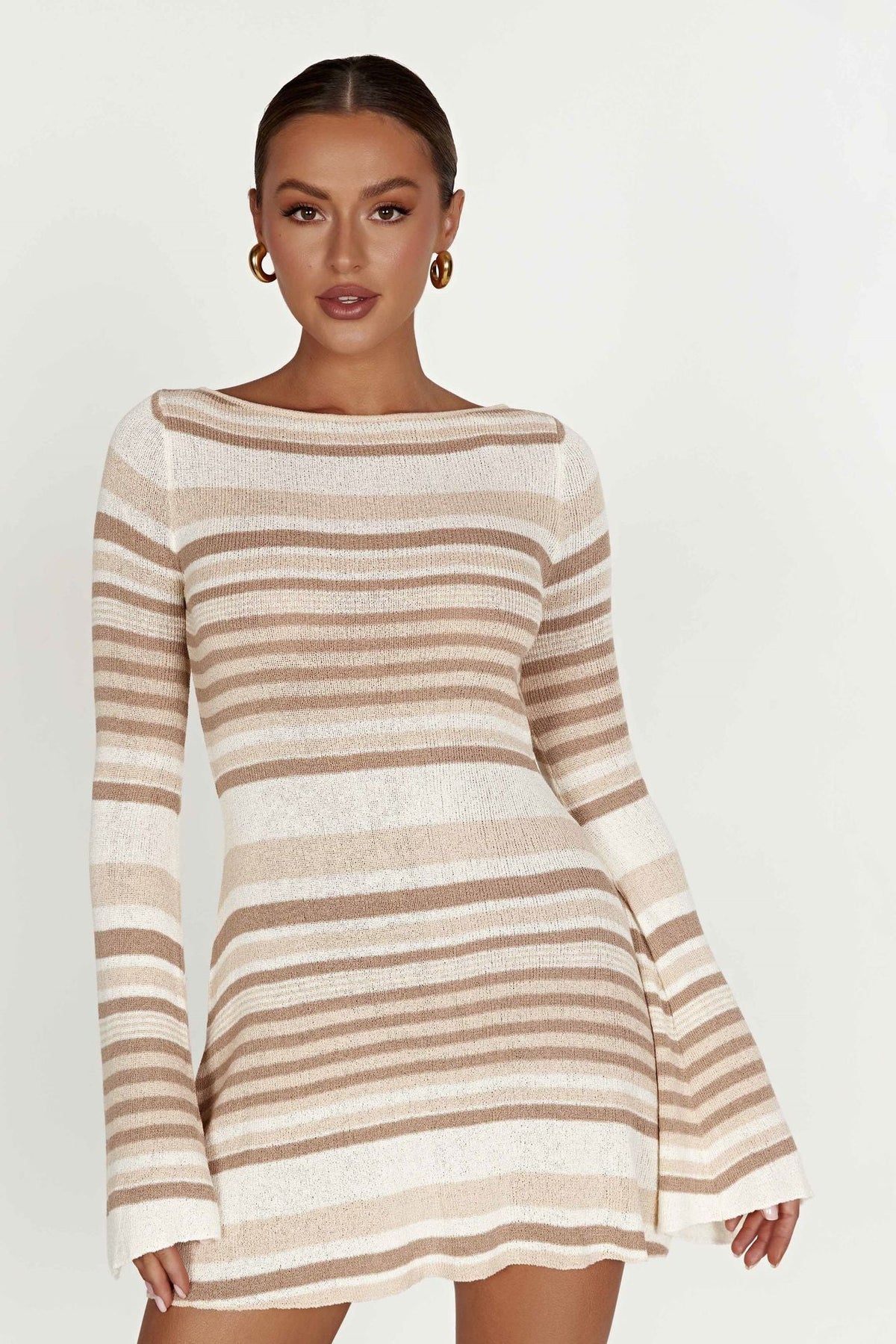 Bell Sleeve Color Block Stripe Knit Sweater Dress