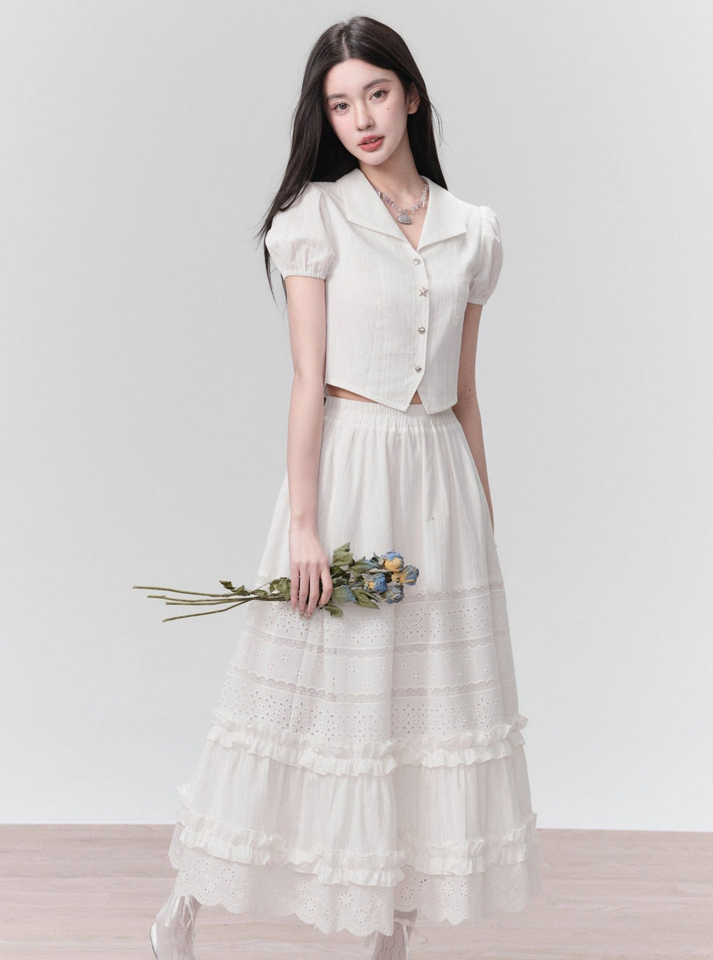 Ethereal Elegance Two-piece Set: Puff Sleeve Crop Blouse & Tiered Lace Midi Skirt - Pure White