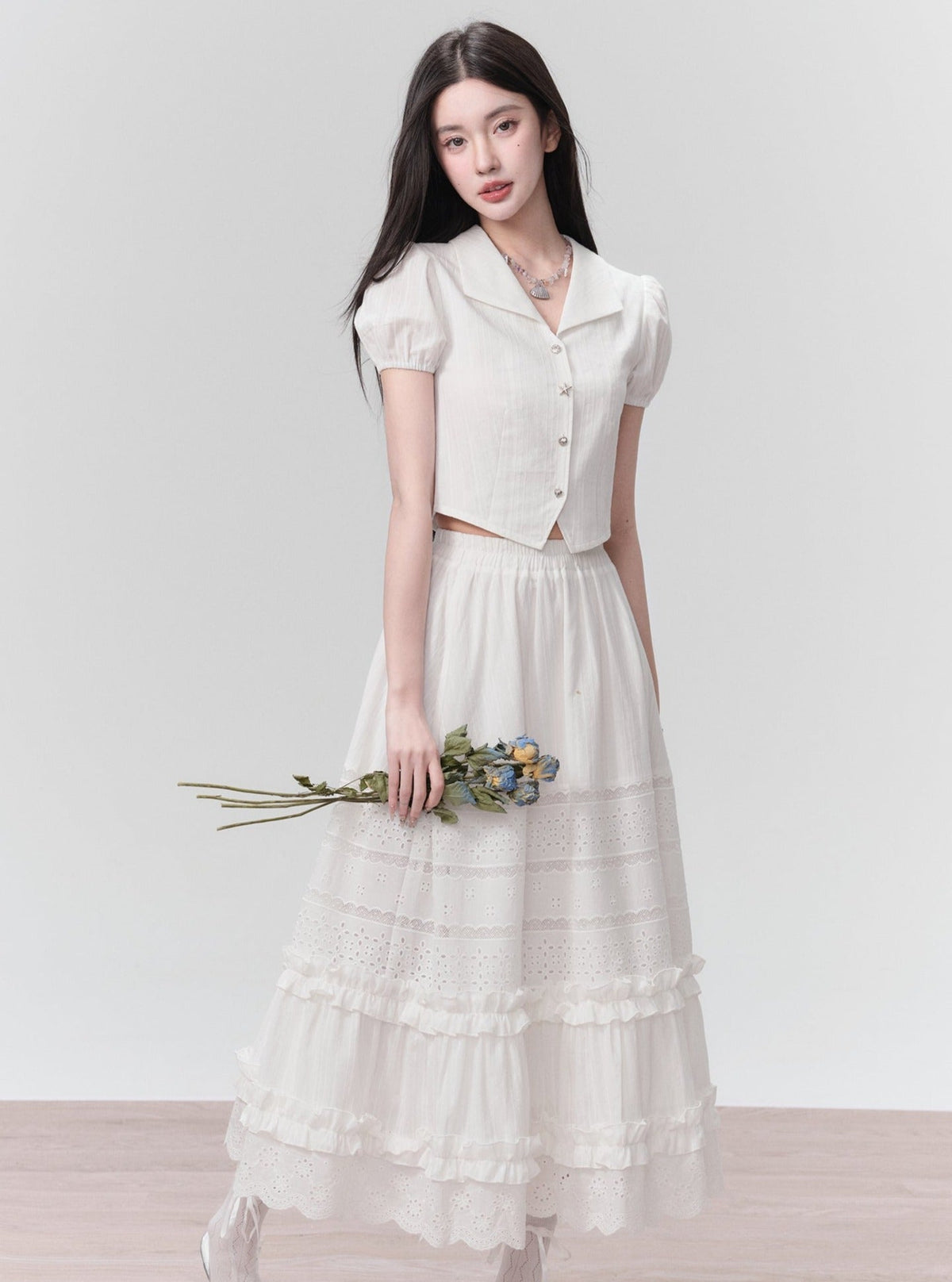 Ethereal Elegance Two-piece Set: Puff Sleeve Crop Blouse & Tiered Lace Midi Skirt - Pure White