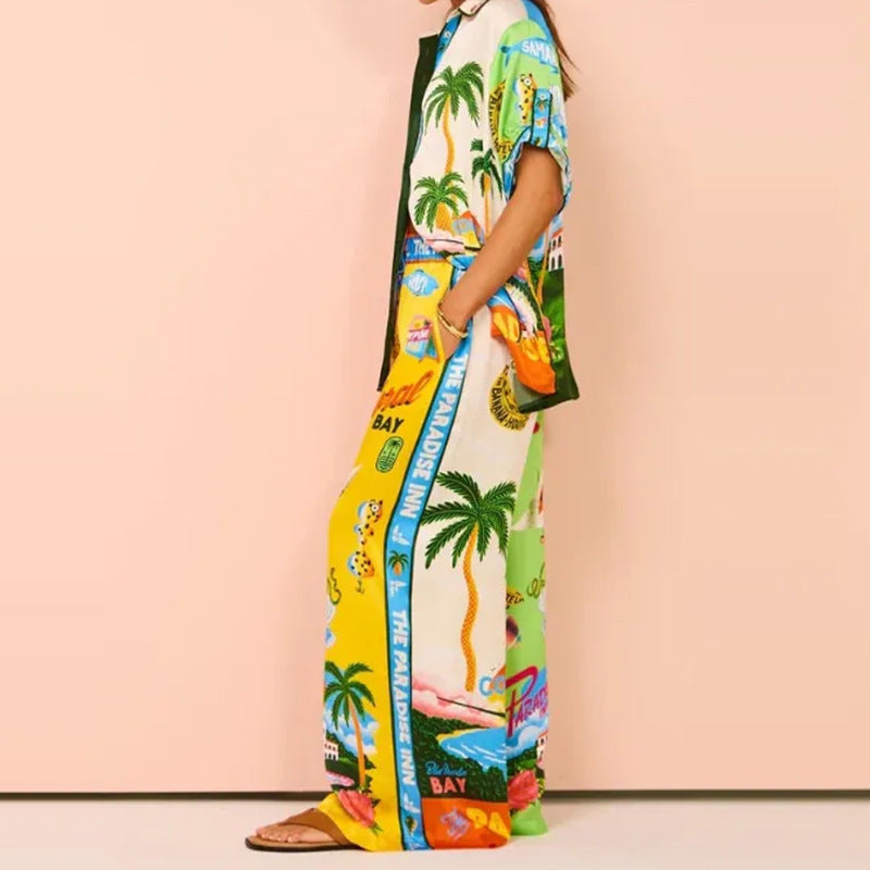 Summer Clothing Multicolor Printing Elastic Waist With Pocket Wide Leg Pants Set