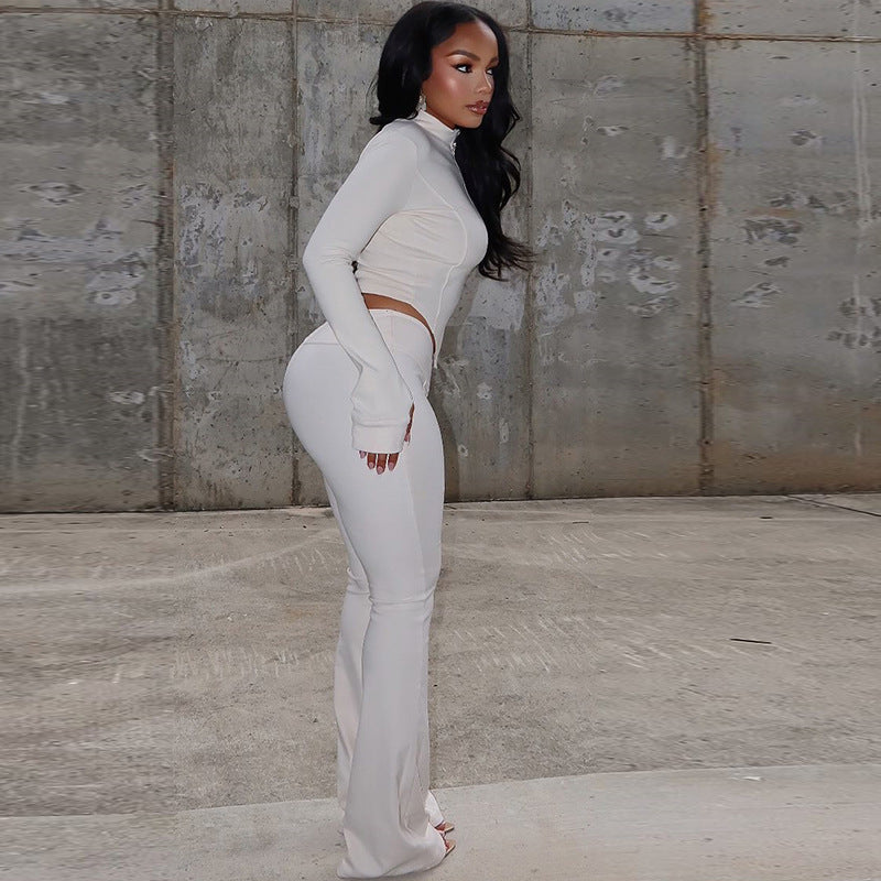 Slim Fit Pleated Zipper Color Cropped Blouse Pants Long Sleeve Stand Collar Loose Trousers Two Piece Set