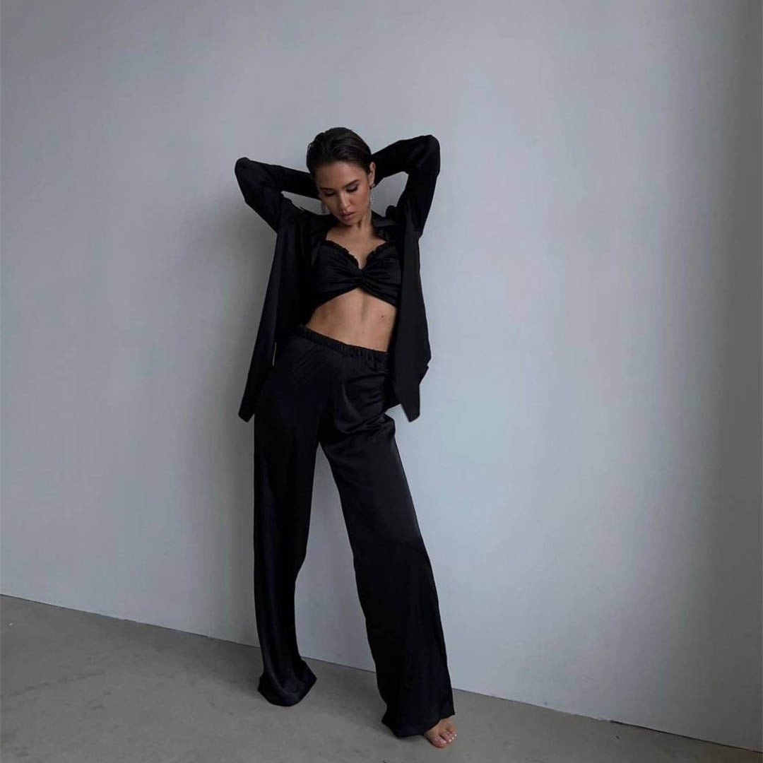 Spring Autumn Satin Three Piece Set Clothing Satin Wrapped Chest Vest Shirt Pants Set