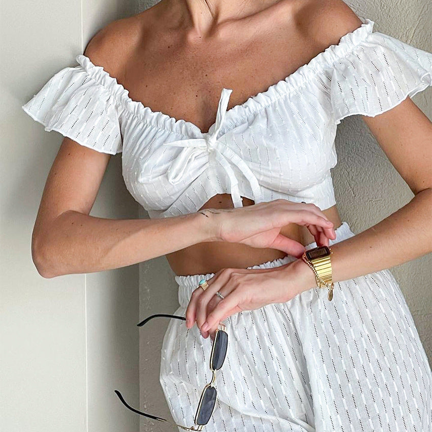 Summer Pants Set Ruffled Stitching Flying Sleeves Jacquard Slit