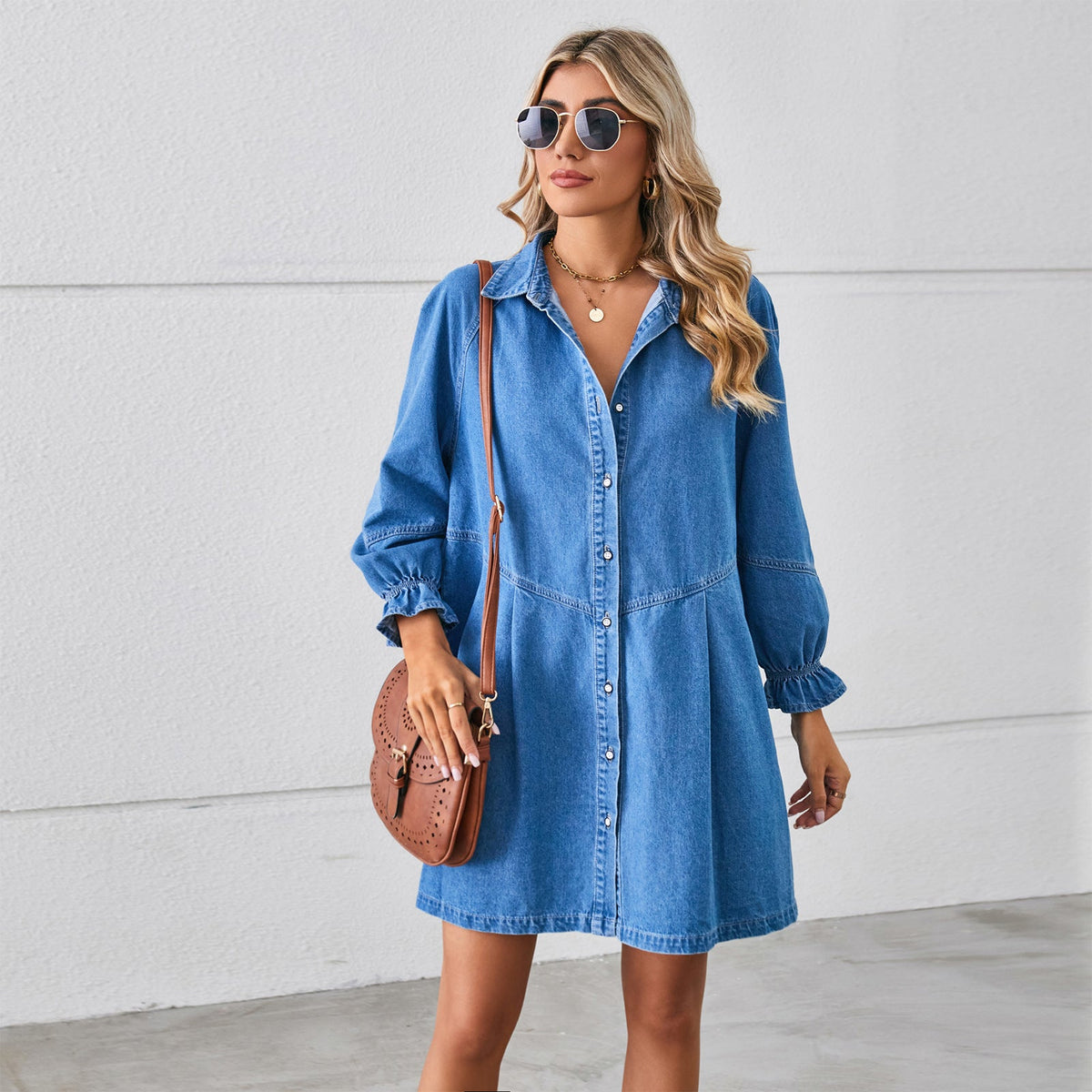 Loose Washed Out Long Sleeve Stitching Denim Dress Midi Dress for