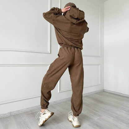 Corduroy Suit Sports Autumn Winter Zipper Hooded Sweatshirt Sweatpants Two Piece Set