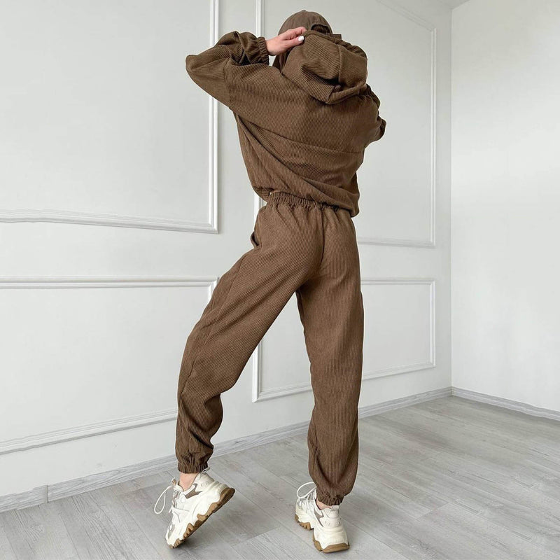Corduroy Suit Sports Autumn Winter Zipper Hooded Sweatshirt Sweatpants Two Piece Set