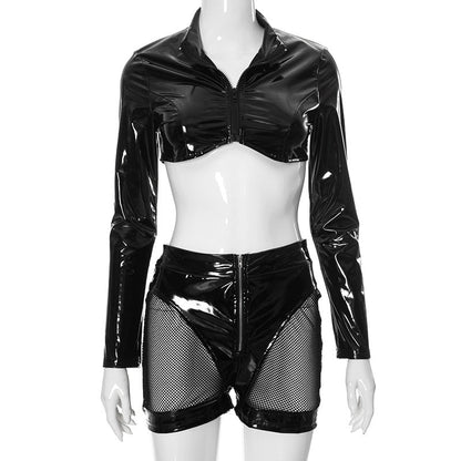 Clothing Faux Leather Mirror Skin Zipper Short Top Hollow Out Cutout Sheath Shorts Suit