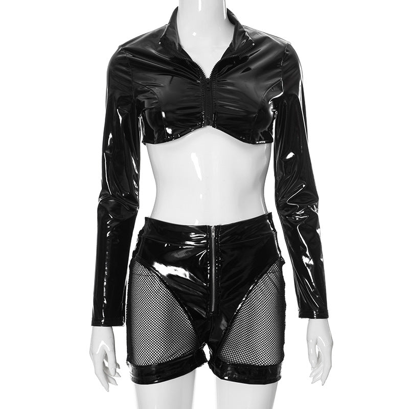 Clothing Faux Leather Mirror Skin Zipper Short Top Hollow Out Cutout Sheath Shorts Suit