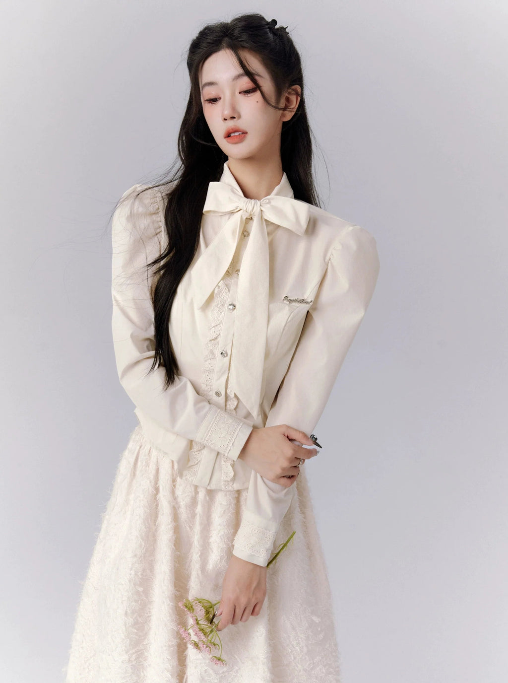 -inspired Cream Puff Sleeve Blouse and Midi Skirt Set