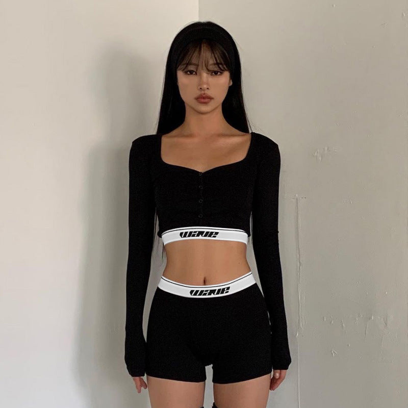 Clothing Tight Long Sleeves Cropped Shirt Top High Waist Shorts Sports Two Piece Seit