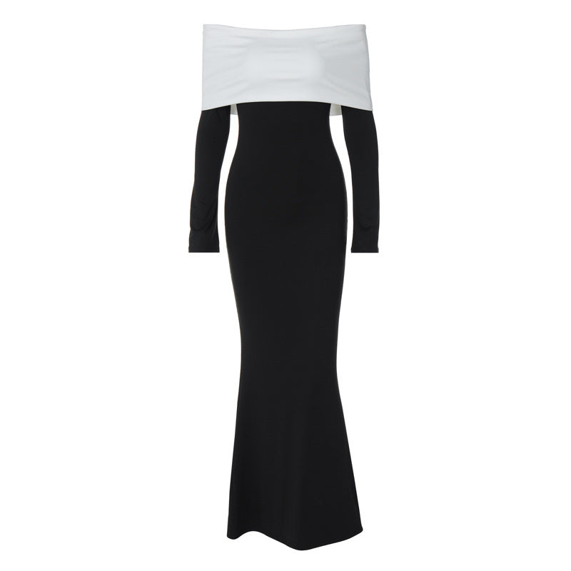 Clothing Autumn Winter Contrast Color Off Shoulder Long Sleeve Waist Slimming Maxi Dress
