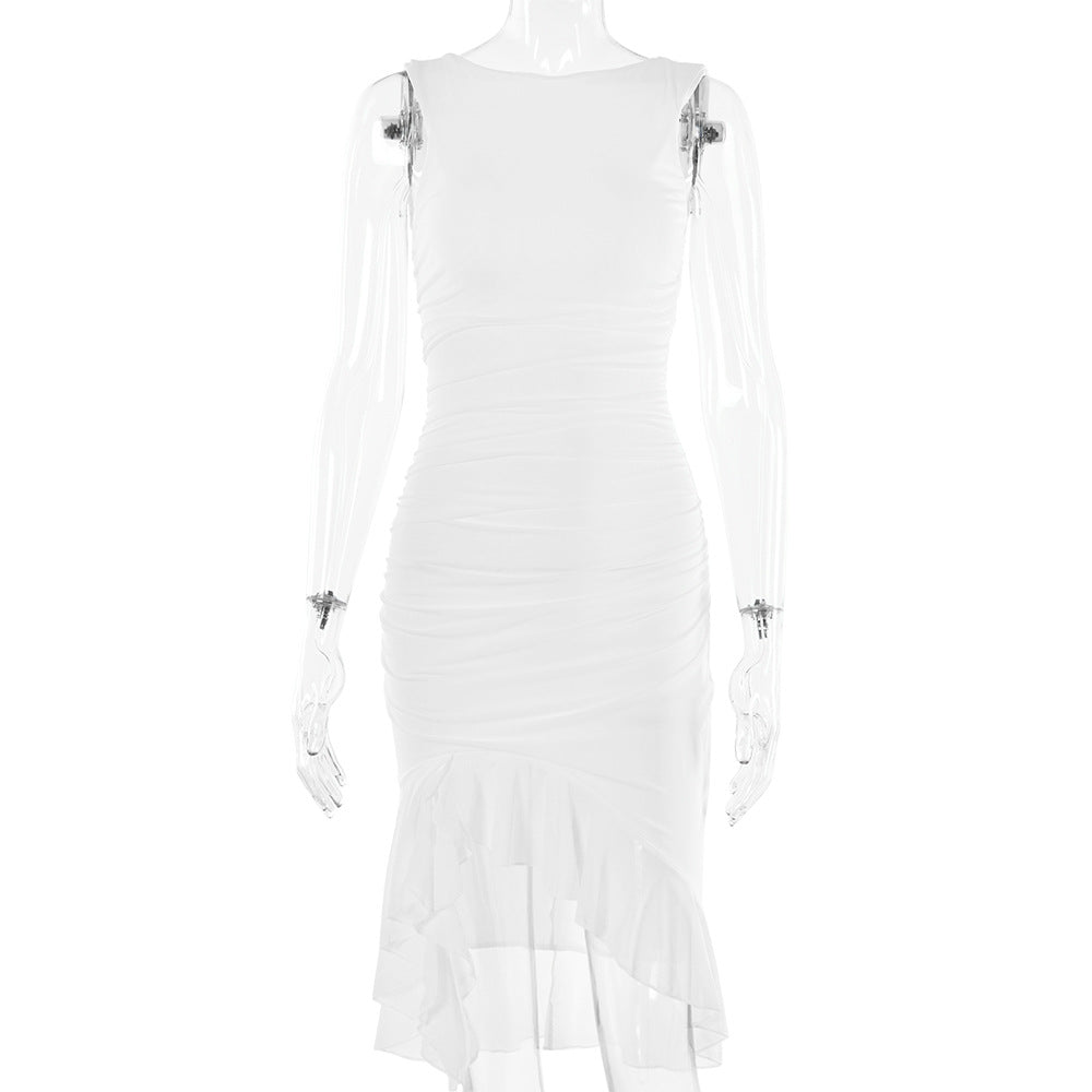 Spring Summer Round Neck Sleeveless Dress Tight Backless Pleated Midi Dress