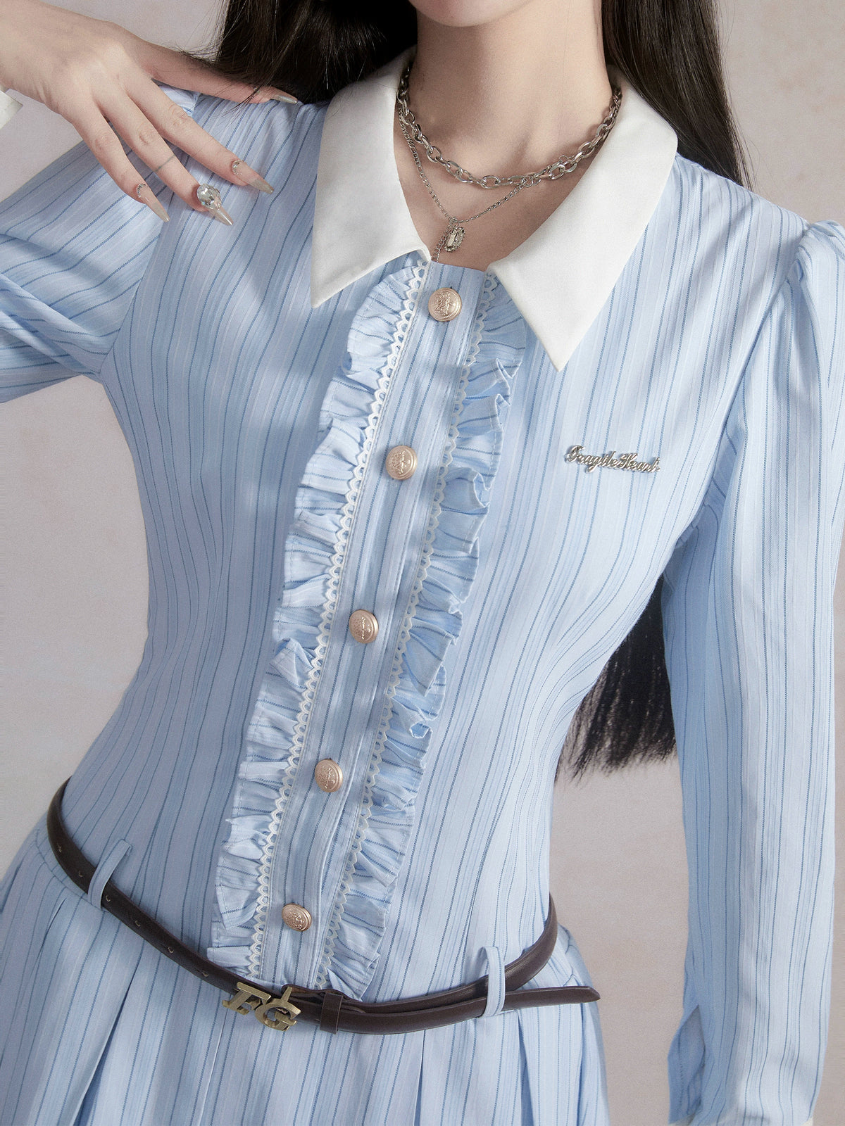 -inspired Ruffled Chambray Mini Dress With Belt