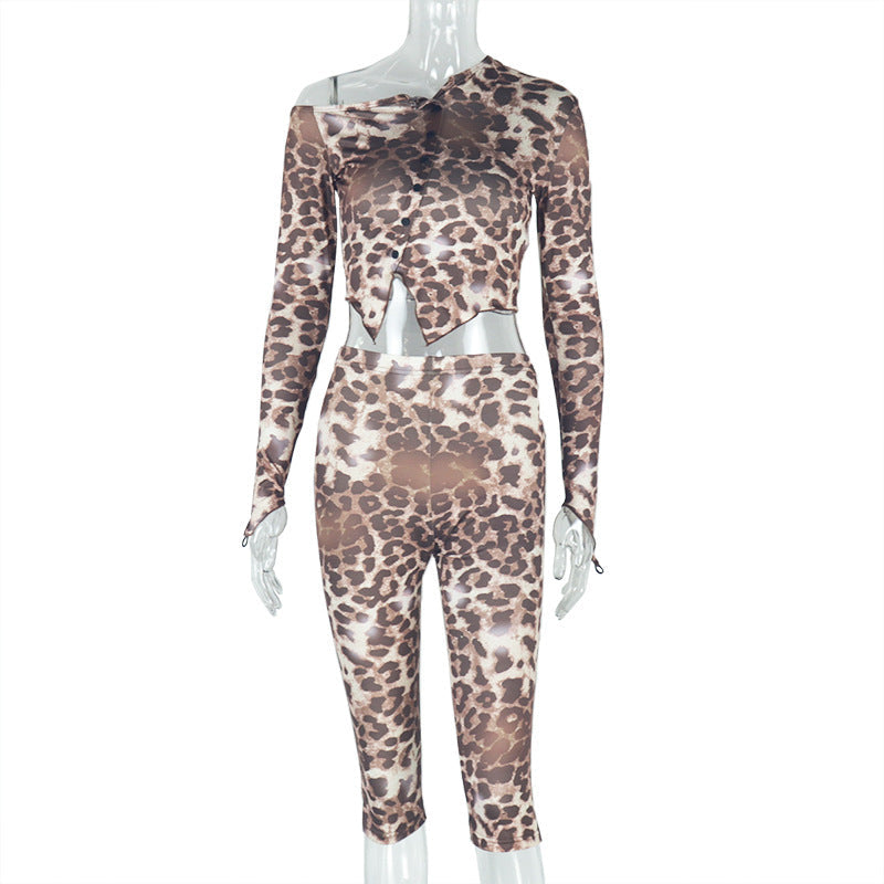 ’s Wear Leopard Print Micro Transparent Blouse Pants Asymmetric Off Shoulder Long Sleeve Top Short Pants Two Pieces