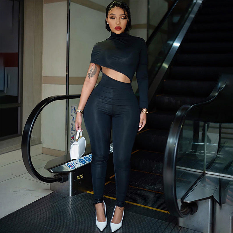 Clothing Autumn Winter Street Tight Fitting Color Irregular Asymmetric Cropped Exposed Jumpsuit Trousers