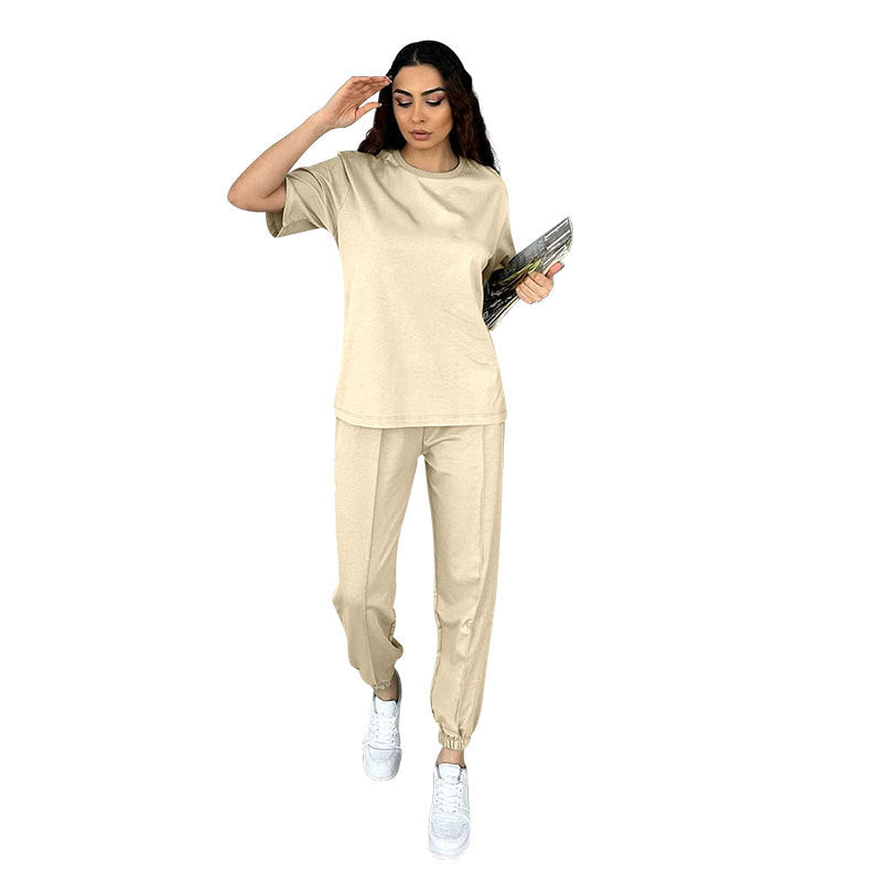 Summer Color Round Neck Short Sleeves Pullover Ankle Banded Pants