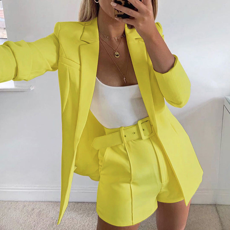 Top Shorts Suit With Belt Polo Collar Cardigan
