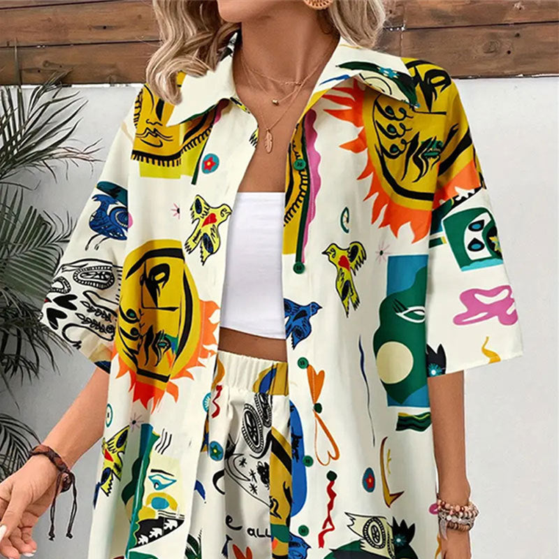 Graffiti Printing Cardigan Shirt Shorts Two Piece Set Contrast Color Pants Spring Autumn Clothing Amplified Craft
