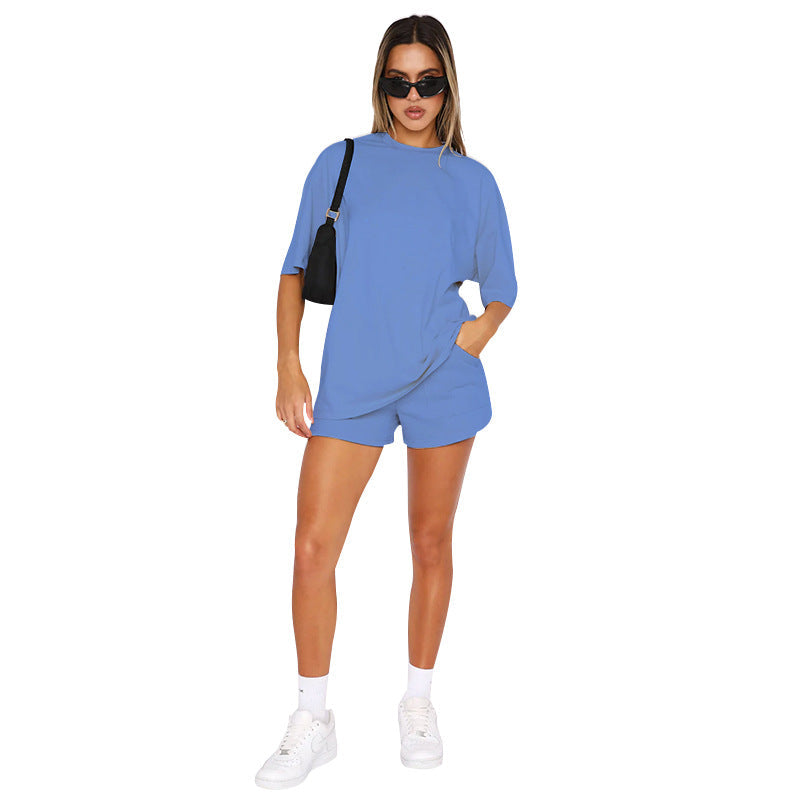Color Round Neck Half Sleeve Pullover Top Clothing Shorts Suit Summer