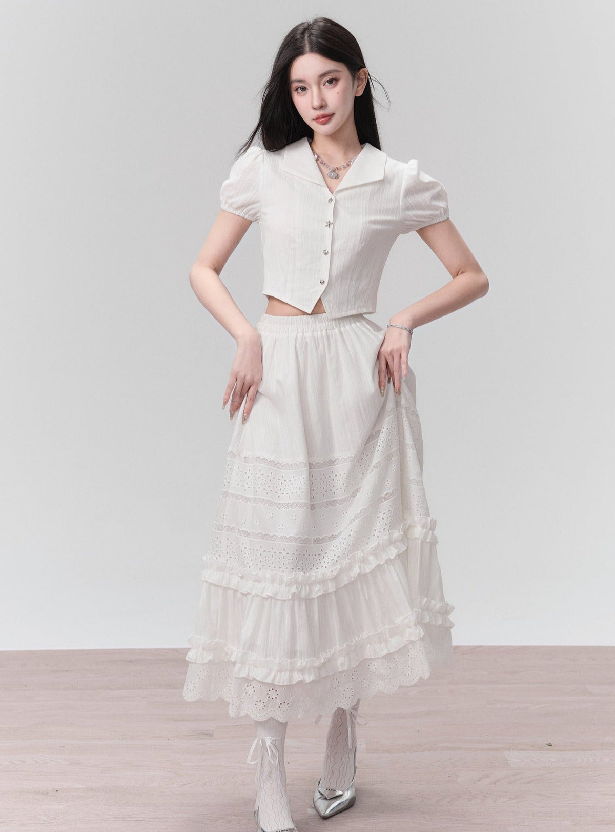 Ethereal Elegance Two-piece Set: Puff Sleeve Crop Blouse & Tiered Lace Midi Skirt - Pure White