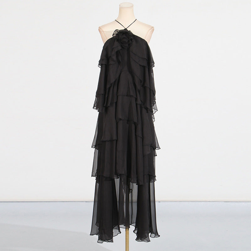 Lady Patchwork Ruffled Maxi Dress Early Spring Halter Backless Design Maxi Dress