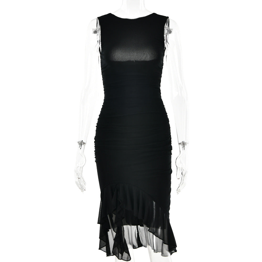 Spring Summer Round Neck Sleeveless Dress Tight Backless Pleated Midi Dress