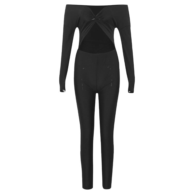 Autumn Color V Neck Twist Hollow Out Cutout Cropped High Waist Long Sleeve Jumpsuit