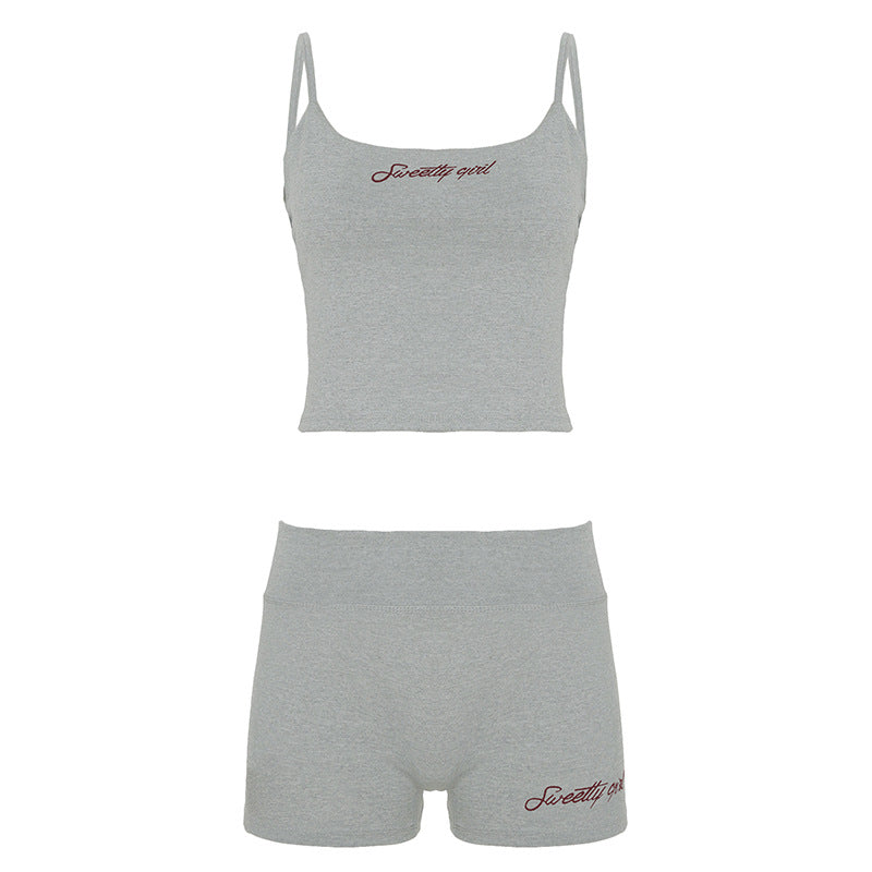 Street Sports Slim Fit Letters Embroidered Strap Shorts Fitness Two Piece Sets Summer