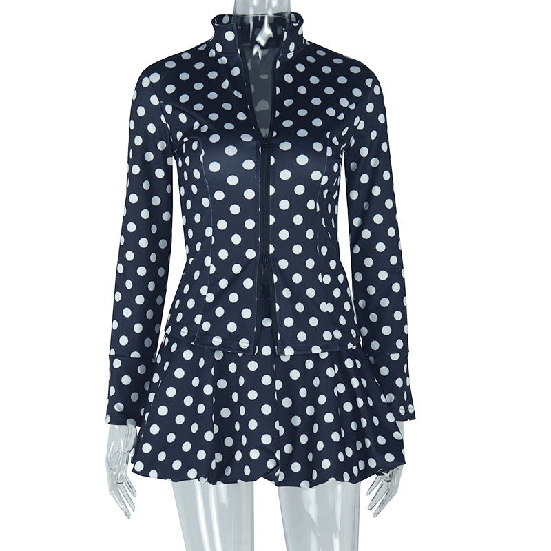 Wear Waist White Polka Dot Draped Skirt Set Long Sleeve Cardigan Zipper Top Skirt Two Piece Sets
