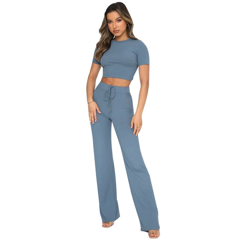 Set Color High-elastic Body Shaping Short Sleeve Sunken Stripe Wide Leg Pants Two-piece Set