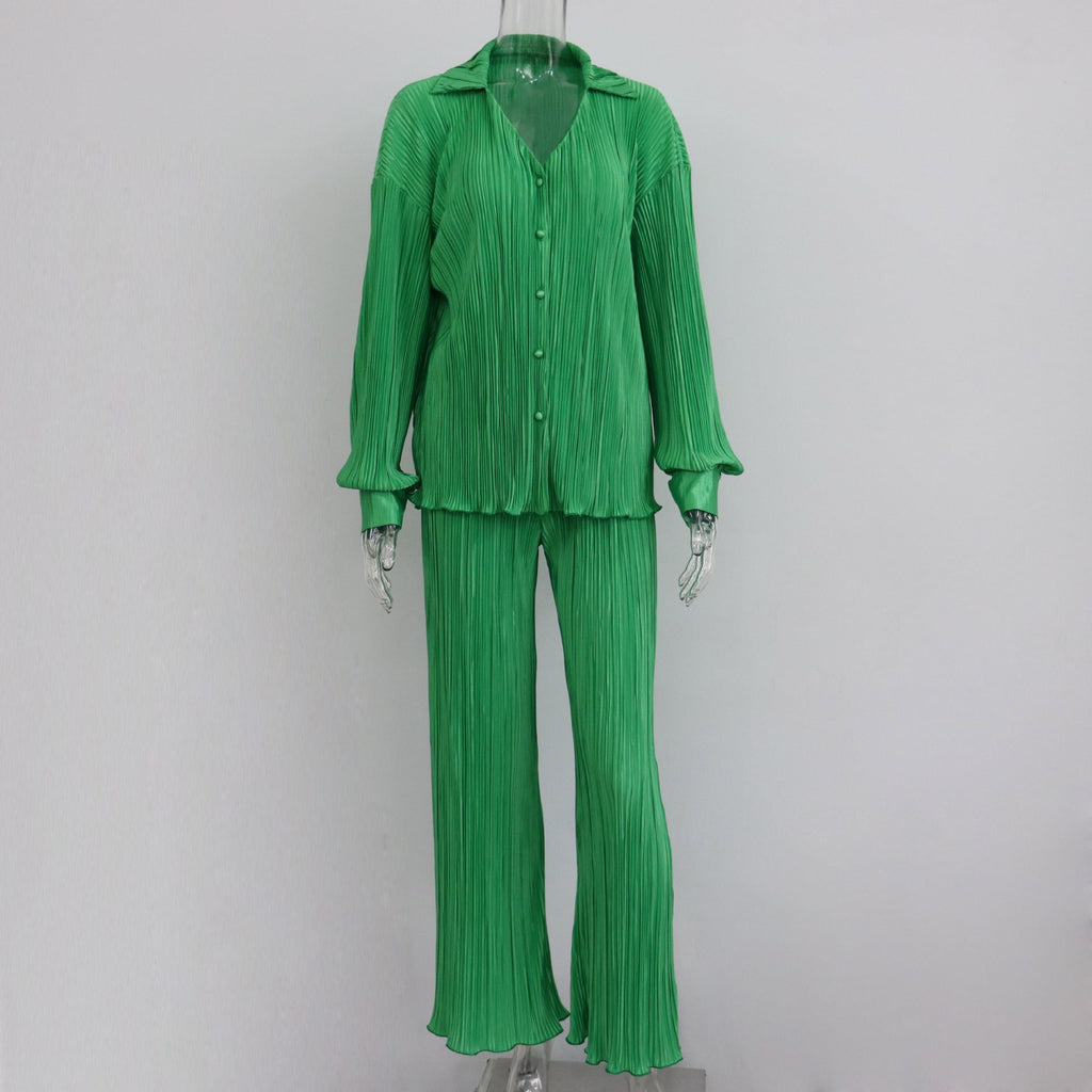 Summer Suit Clothing Pleated Long Sleeve V Neck Shirt Pants Two Piece Set