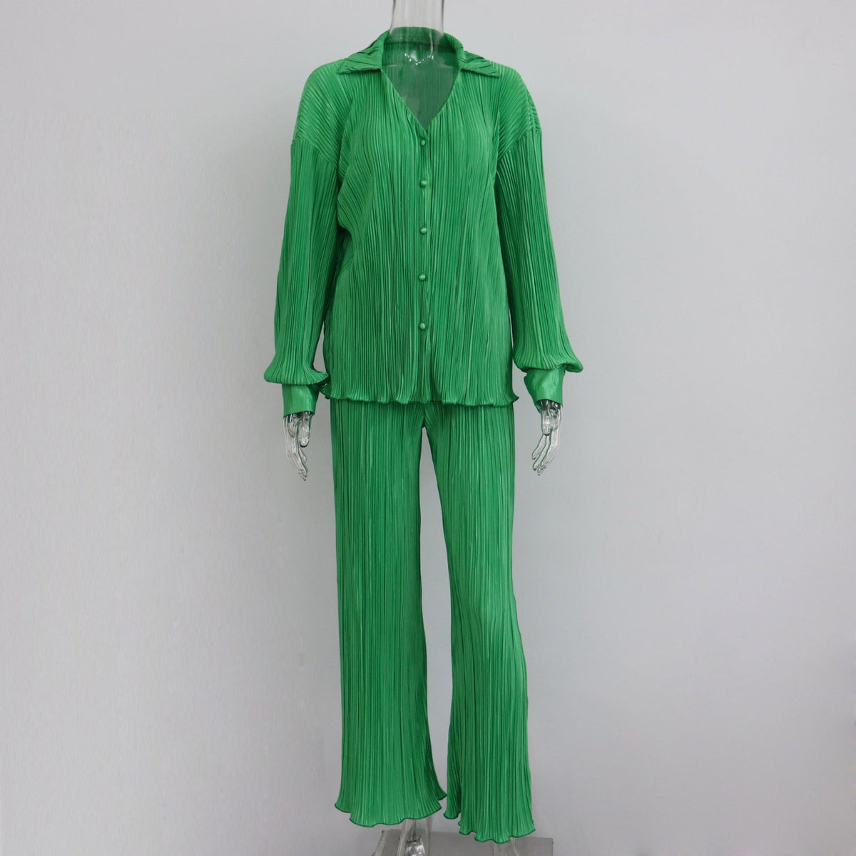Summer Suit Clothing Pleated Long Sleeve V Neck Shirt Pants Two Piece Set