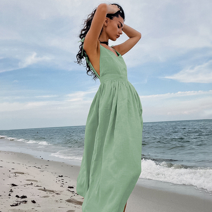 French Khaki Cotton Linen Breathable Strap High Waist Dress Spring Holiday Maxi Dress