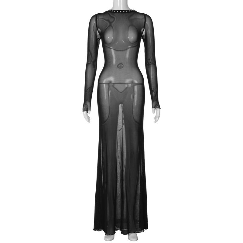 Backless Strappy Long-sleeved Extra-long Dress