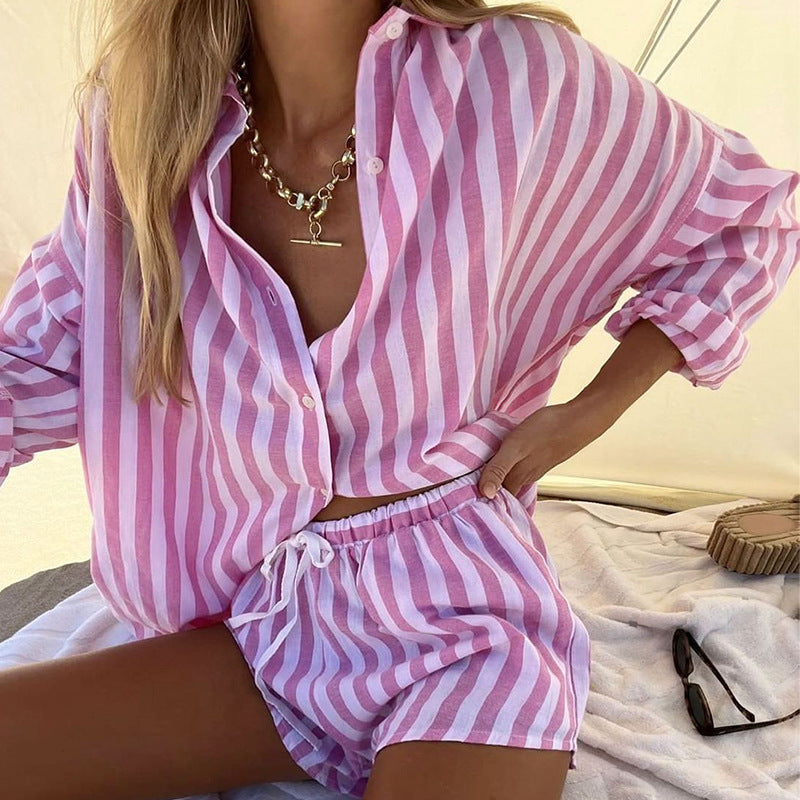 Summer Clothing Loose Cardigan Top Striped Shorts Two-piece Set