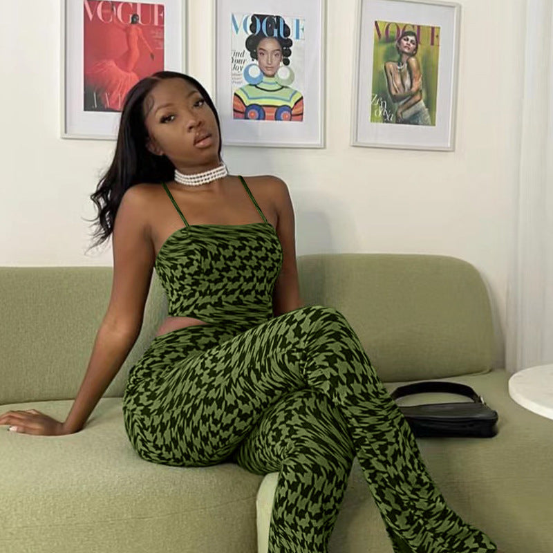 Suit Green Printing Vest Wide Leg Pants Two Piece Suit