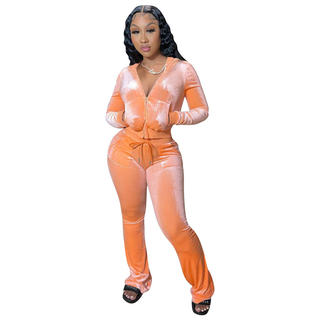 Clothing New Color Gold Velvet Hat Wide Leg Pants Two-piece Set