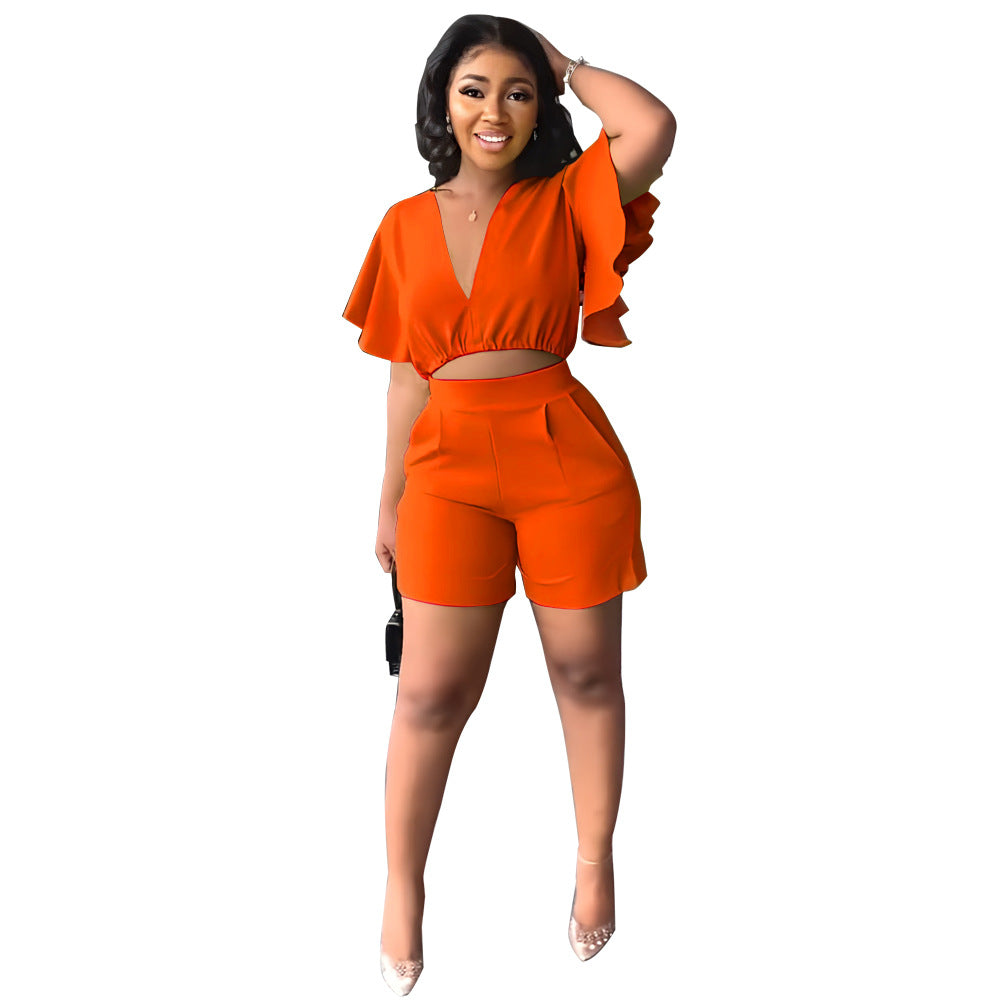 Ruffled Short V Neck Top Shorts Summer Two Piece Set