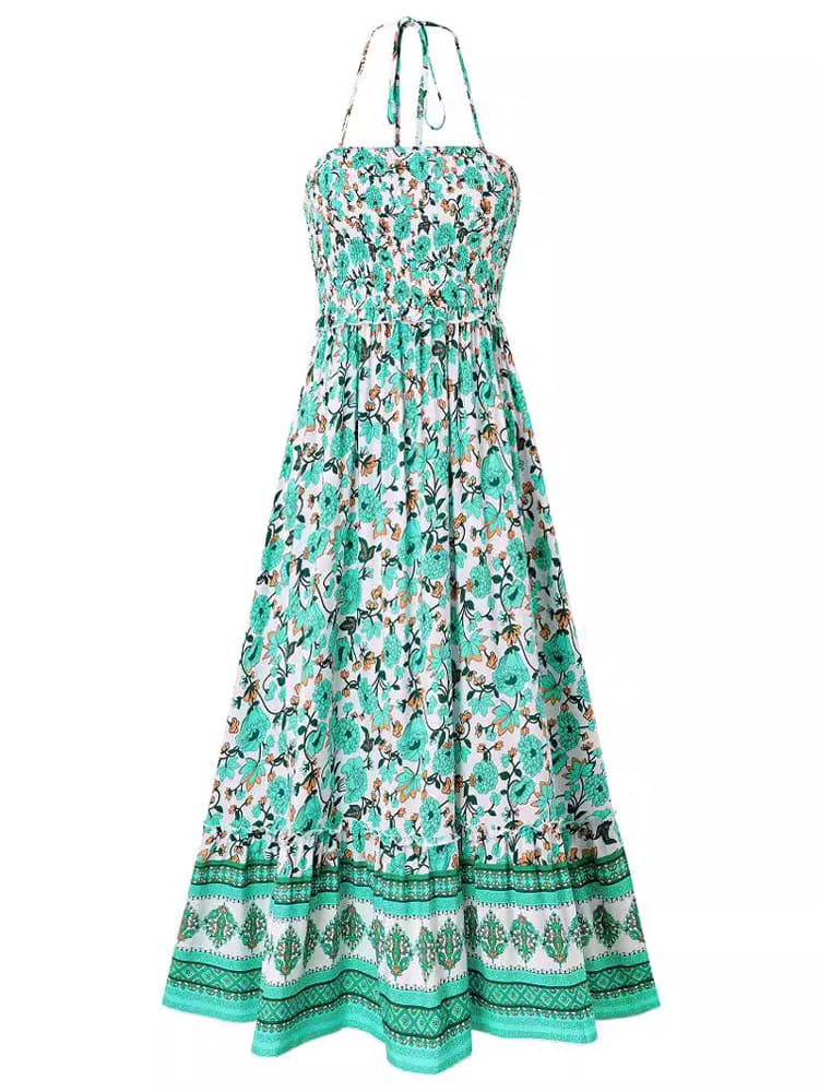 Print Smocked Chest Halter Neck Maxi Dress