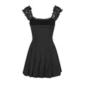 Pinstripe Lace-trim Mini Dress - Cap Sleeve Square Neck Fit and Flare Cocktail Dress