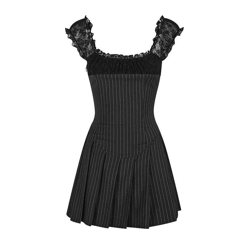 Pinstripe Lace-trim Mini Dress - Cap Sleeve Square Neck Fit and Flare Cocktail Dress