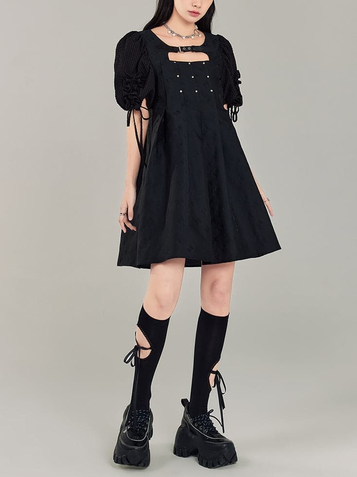 Black Leather Rivet Buckle Dress